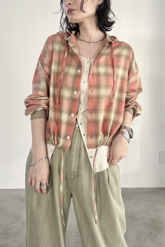 オンブレーチェックフードシャツ F1207