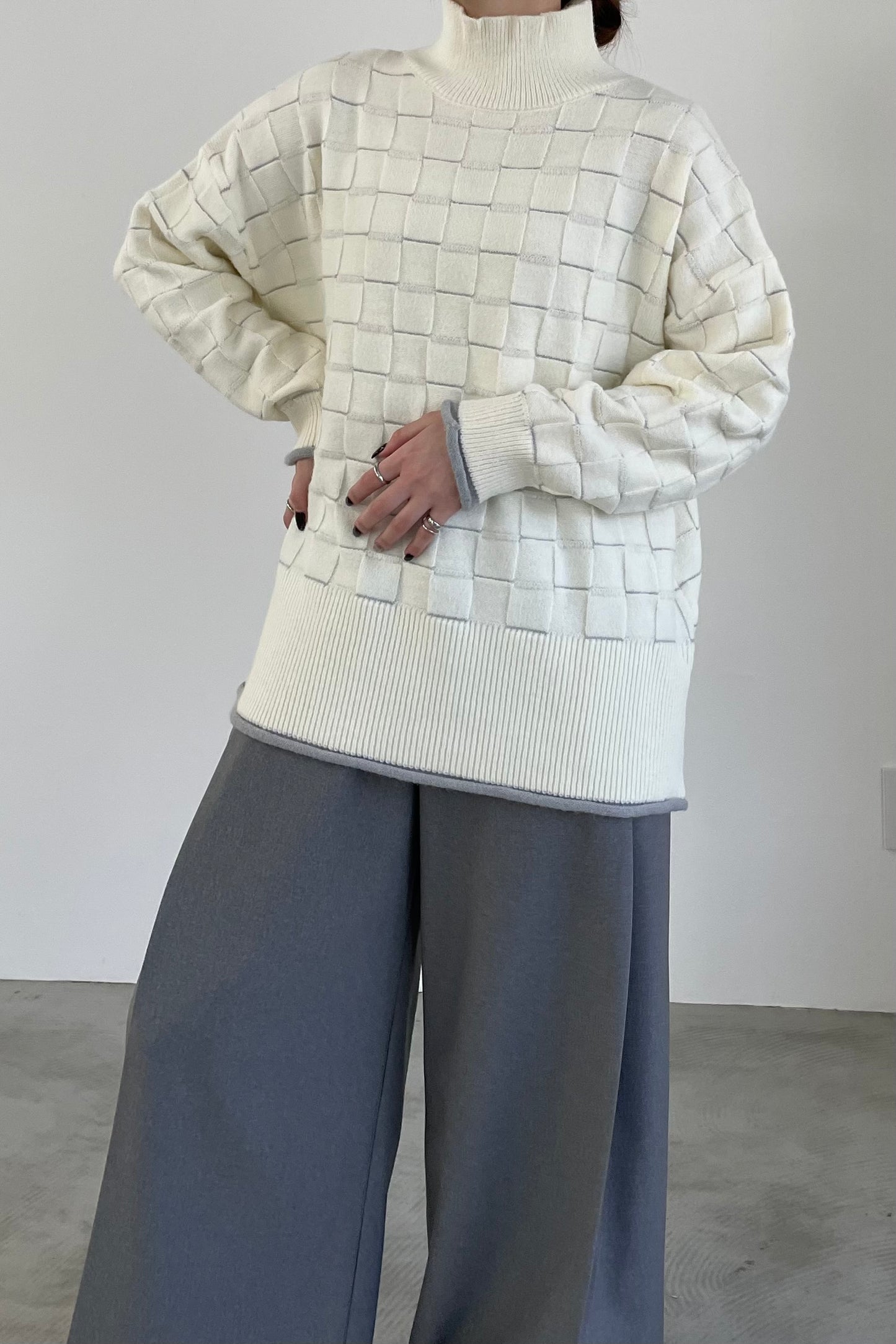 ブロックチェックハイネックニットプルオーバー 35433