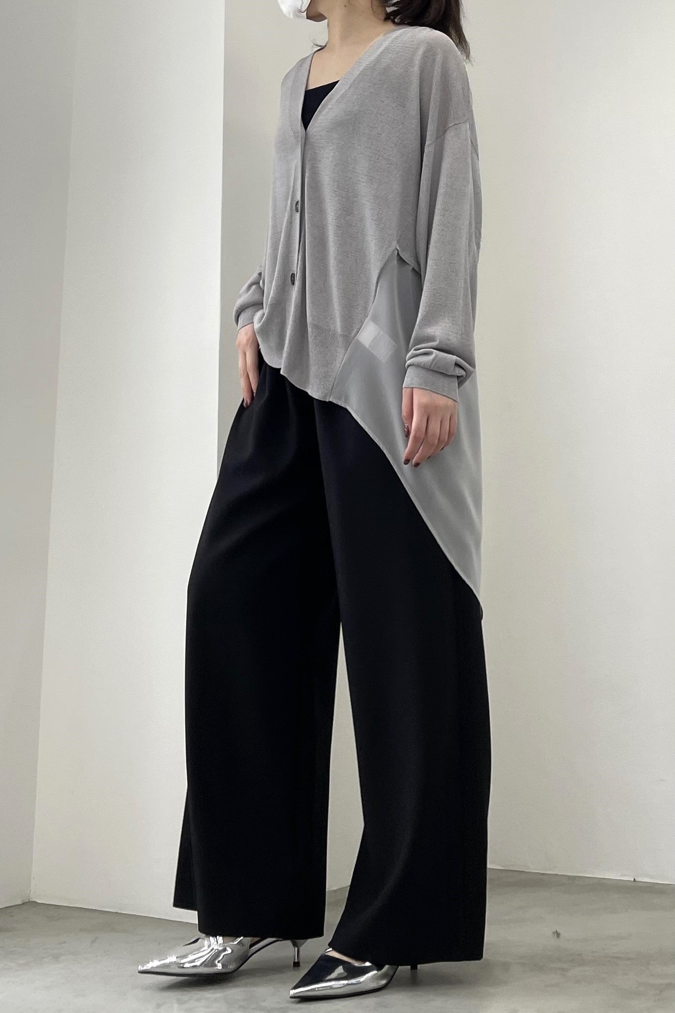 シフォン切替セミロングカーディガン 35375