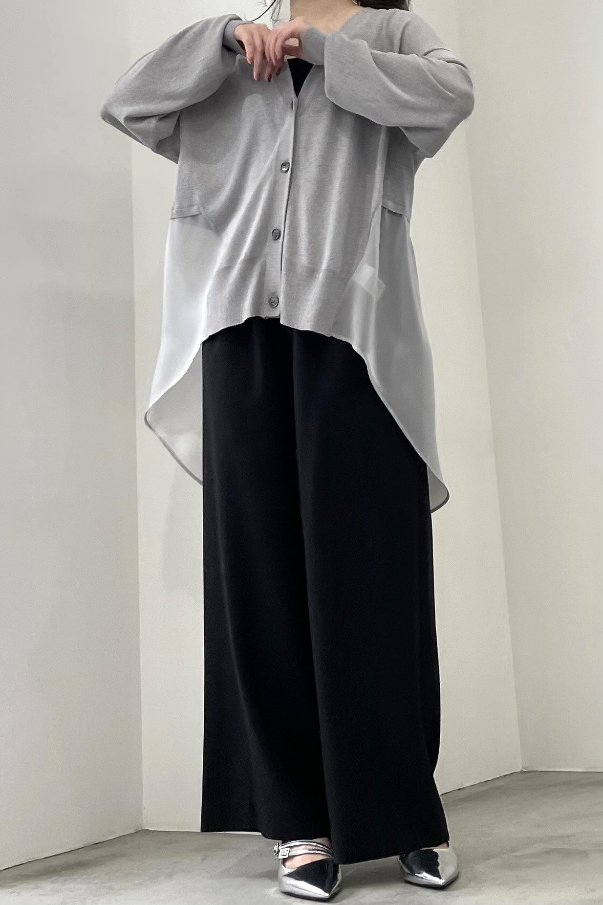 シフォン切替セミロングカーディガン 35375