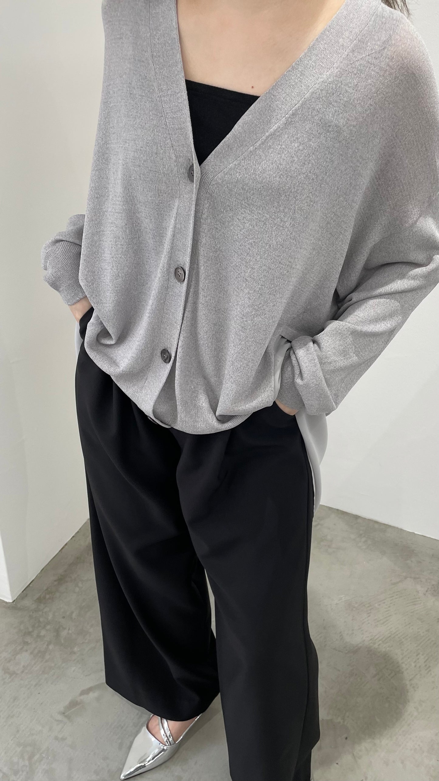 シフォン切替セミロングカーディガン 35375