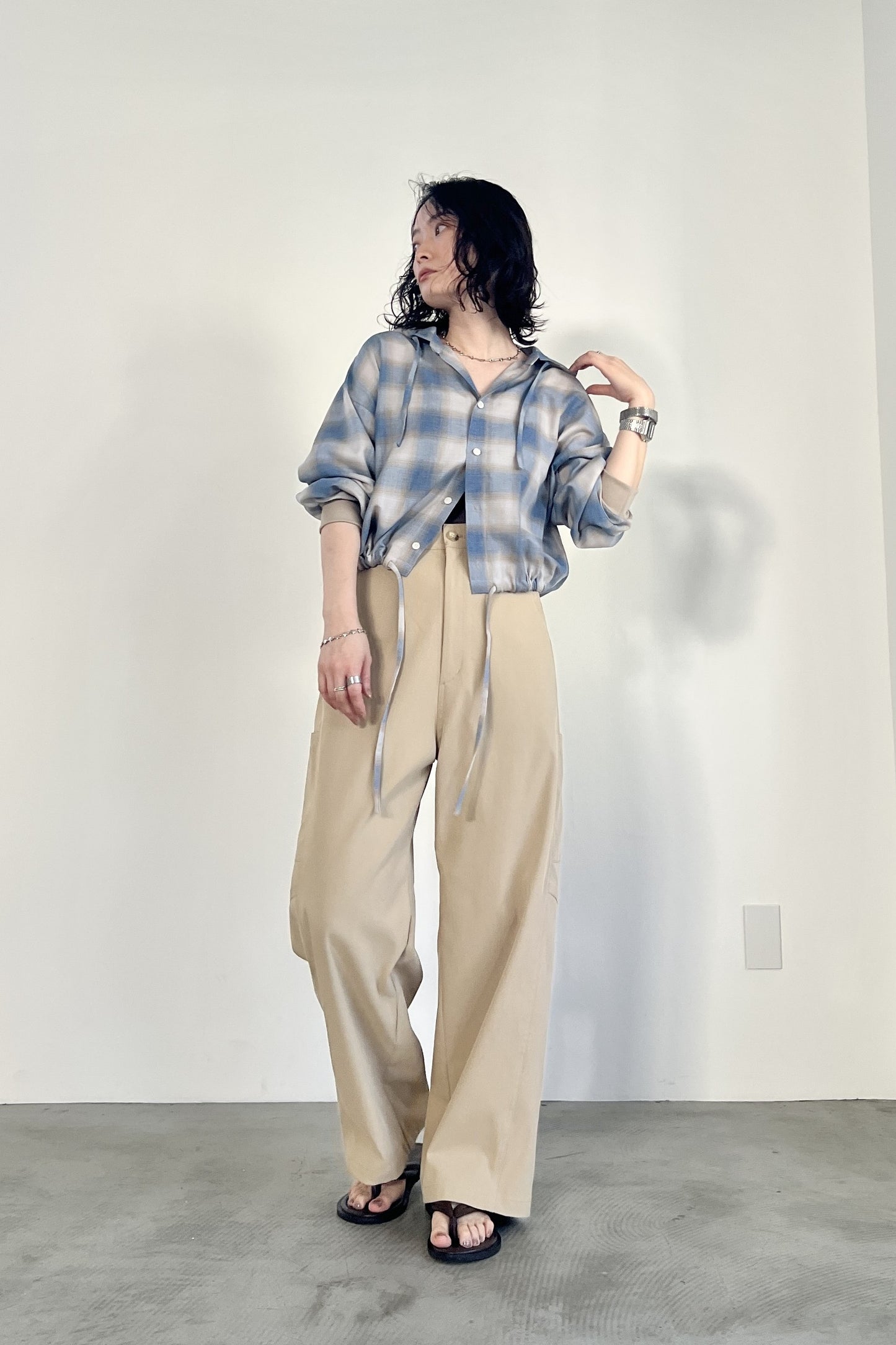 オンブレーチェックフードシャツ　F1207