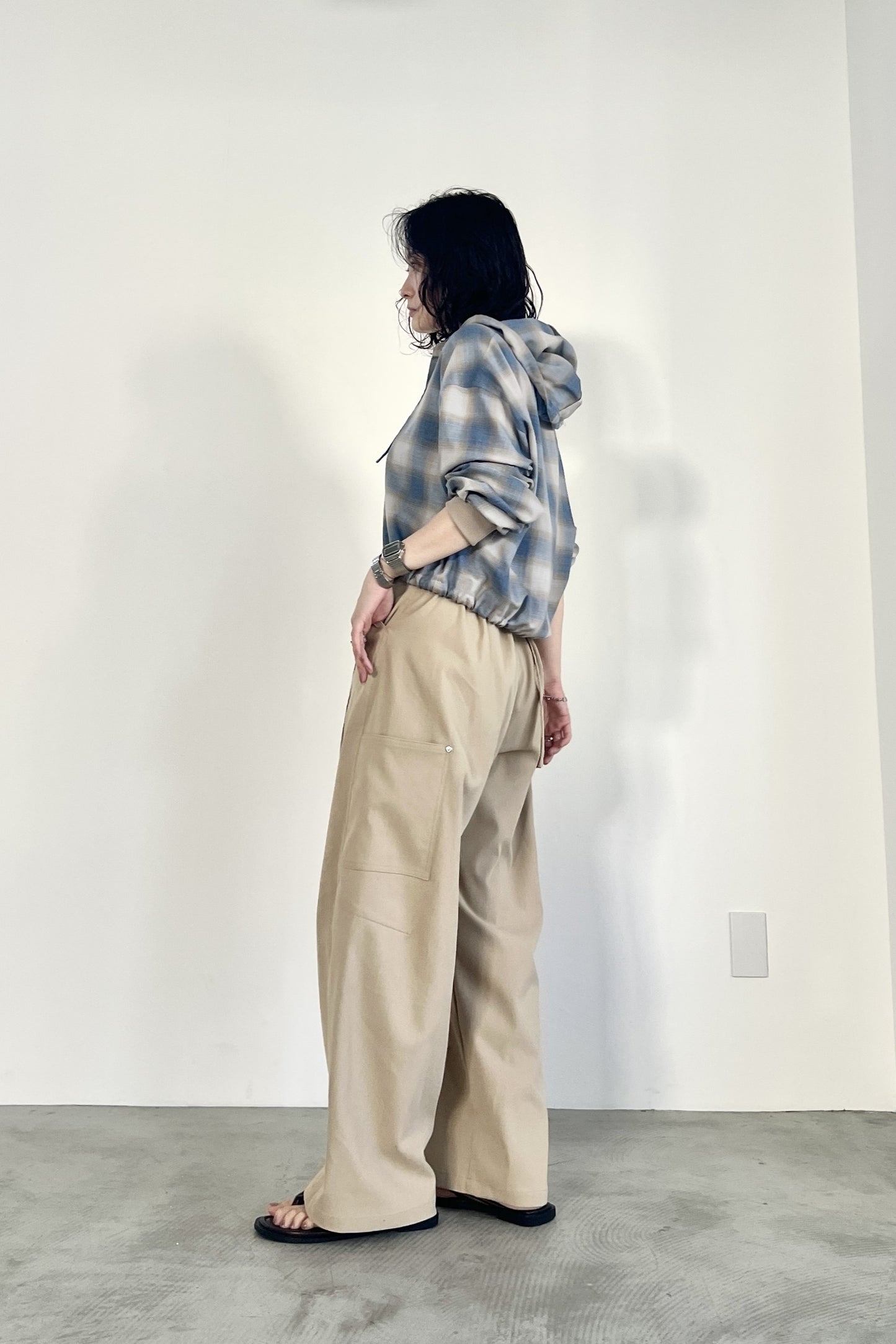 オンブレーチェックフードシャツ　F1207