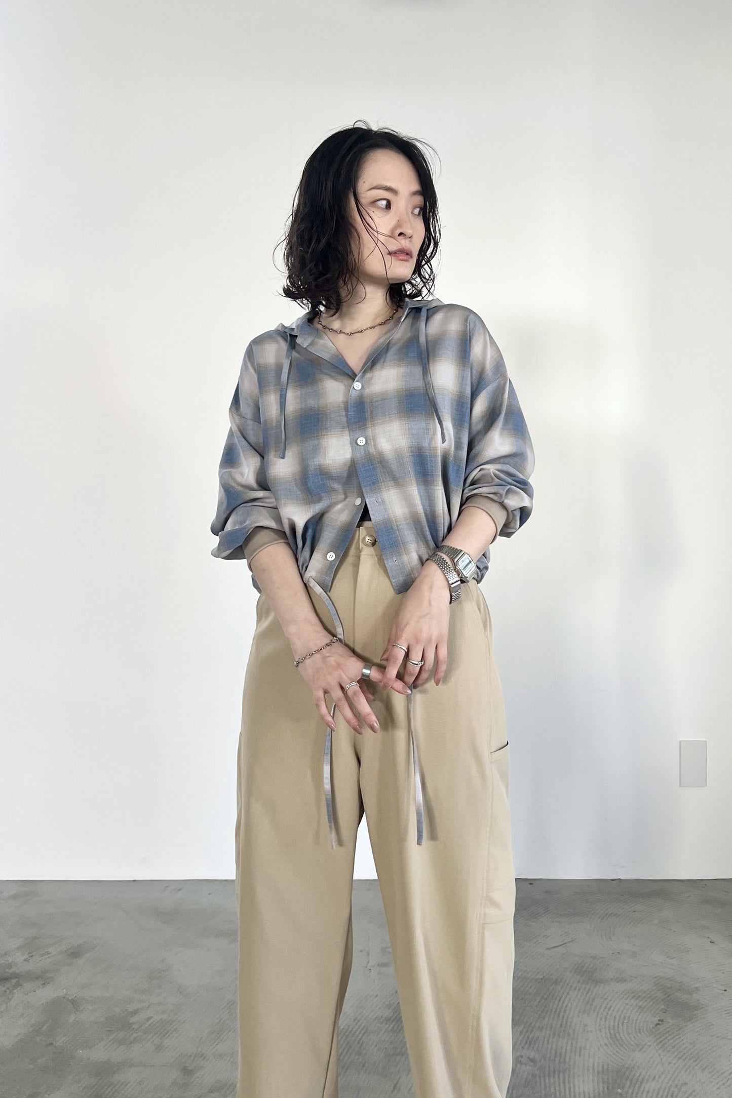 オンブレーチェックフードシャツ　F1207