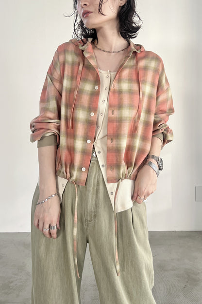 オンブレーチェックフードシャツ　F1207