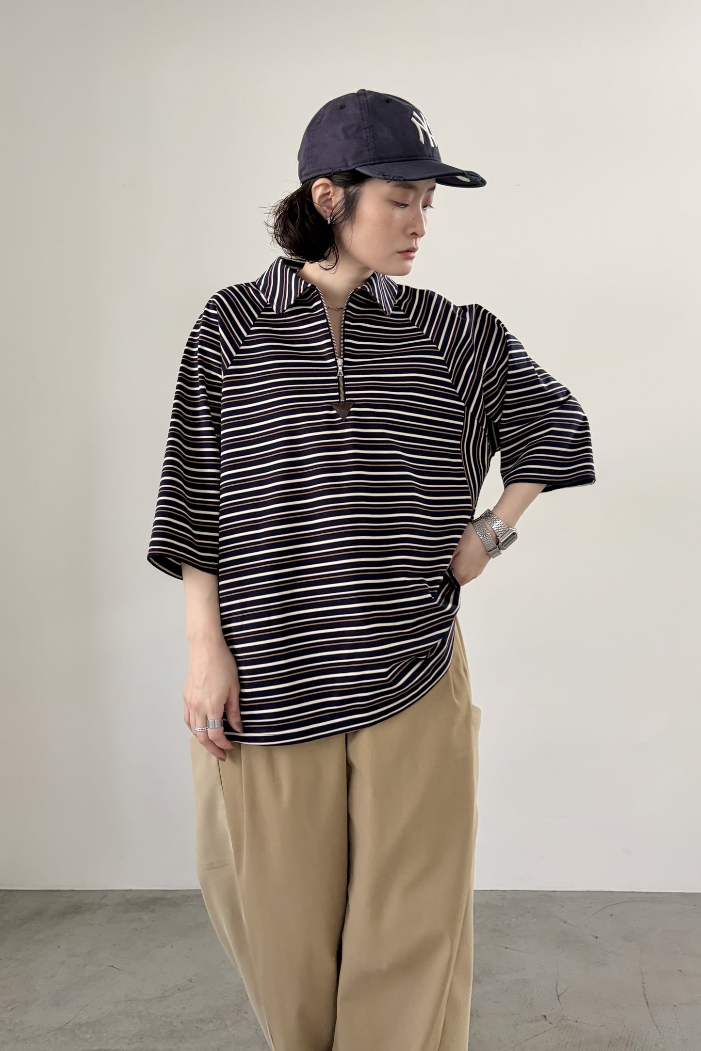 ハーフジップボーダーカットソー　F3313