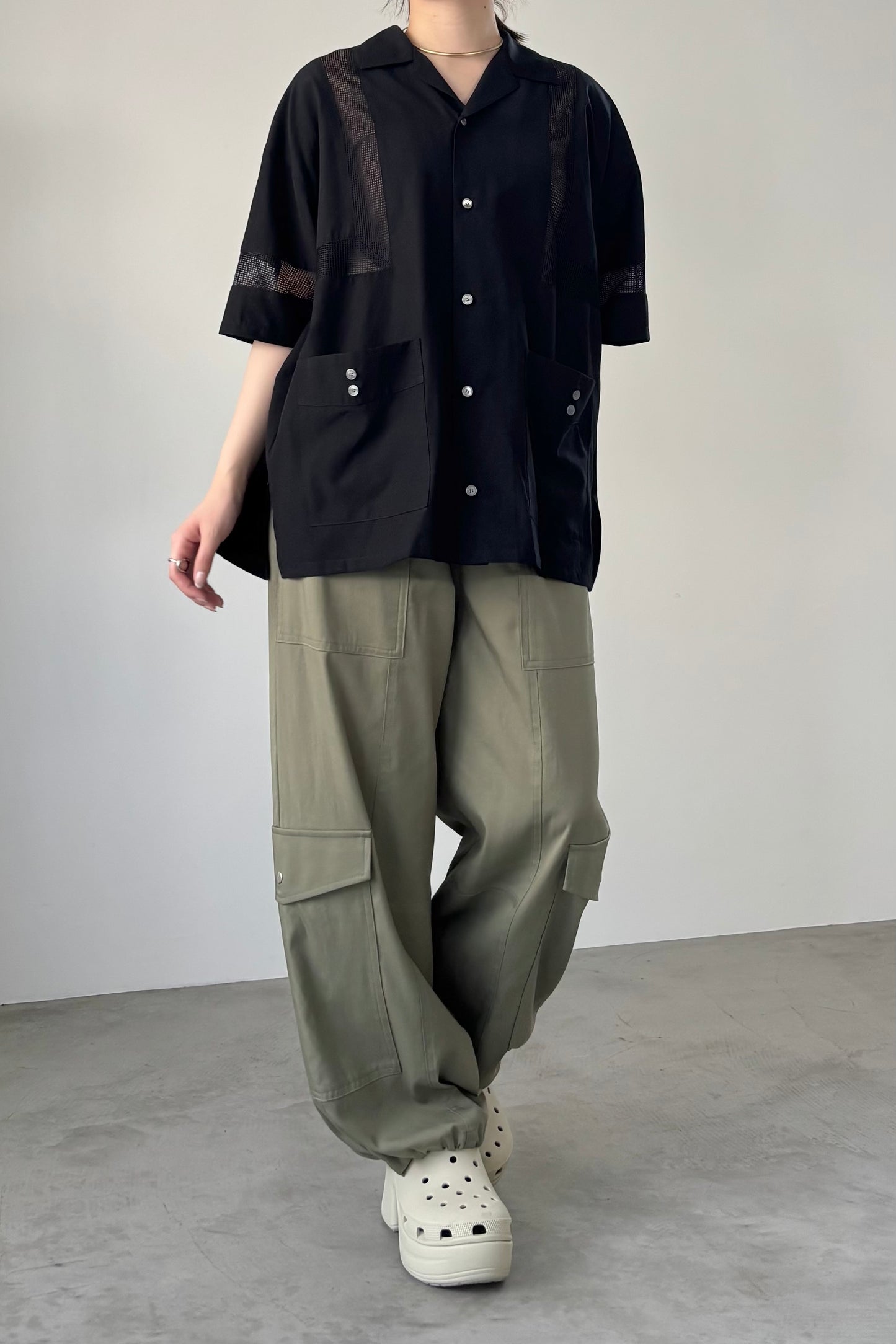 メッシュ切替オープンカラーシャツ　F1189
