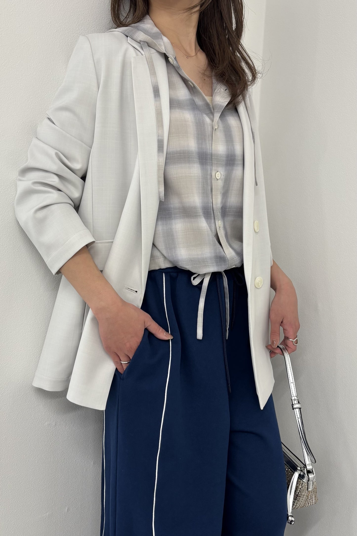 オンブレーチェックフードシャツ　F1207